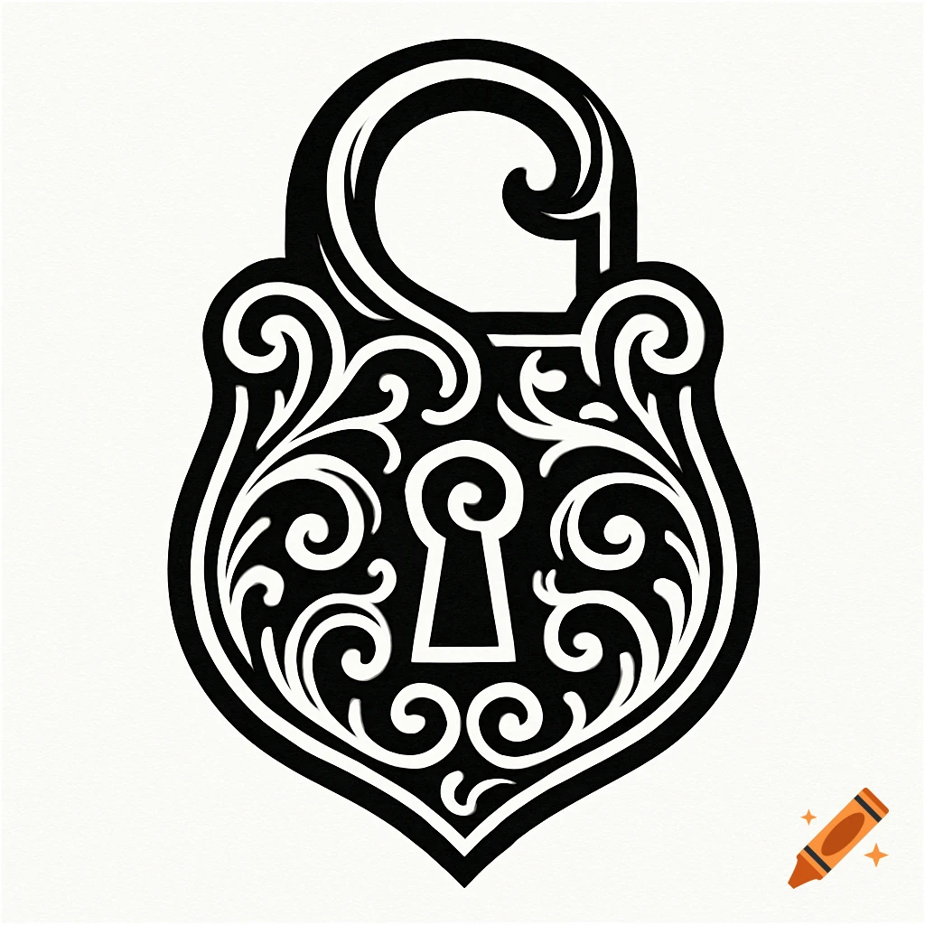 Black and white old-fashioned padlock with ornate filigree, featuring a stylized letter S in the shackle, on a white background.