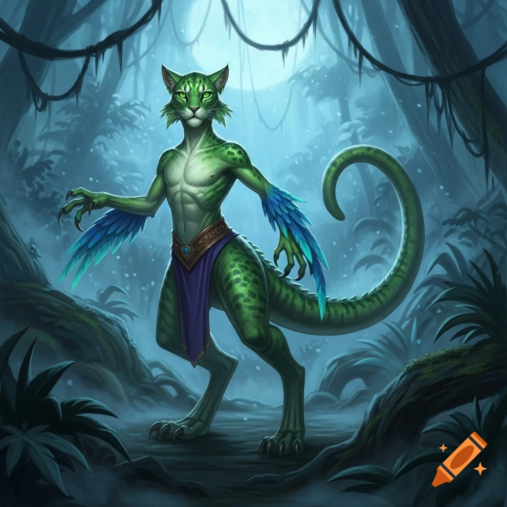 A green feline-reptilian hybrid creature with blue forearm feathers stands in a mystical jungle.