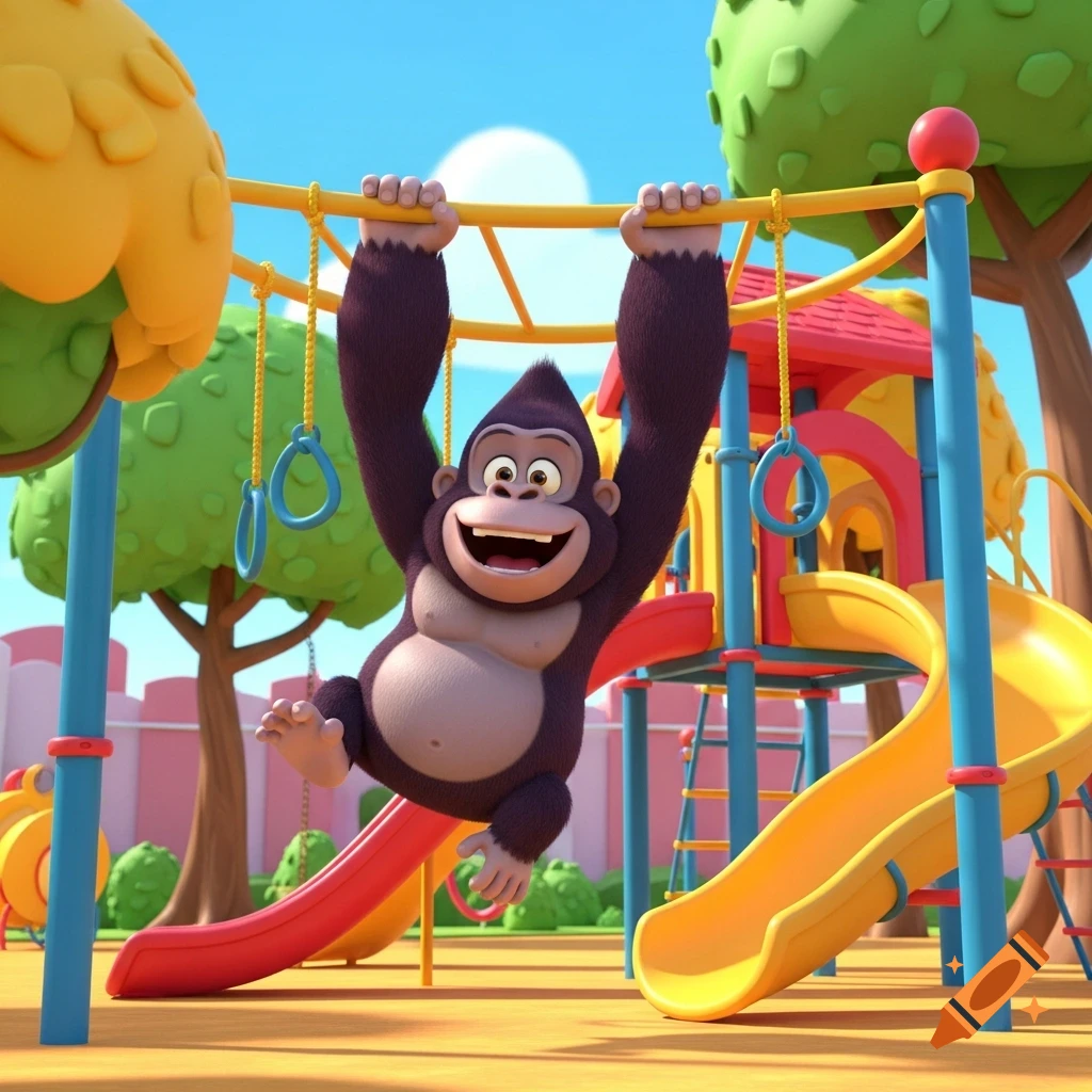 A happy cartoon gorilla smiles while swinging on yellow monkey bars at a colorful outdoor playground with slides and trees.