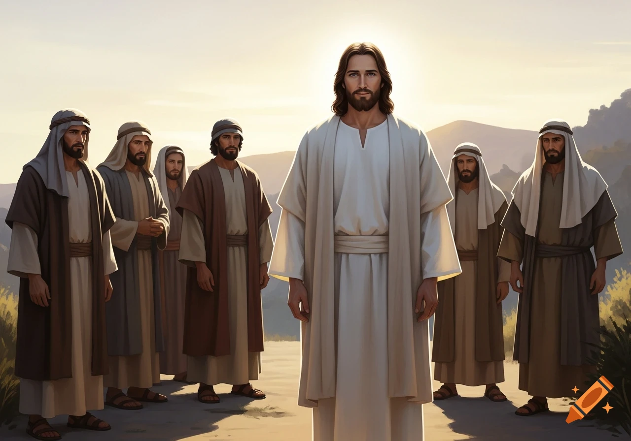 A man resembling Jesus with a radiant glow stands before five men in ancient robes under a bright, warm sky.