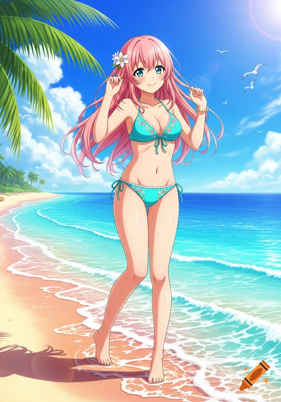 Anime girl with pink hair in a blue bikini standing on a sunny beach with palm trees and ocean waves.