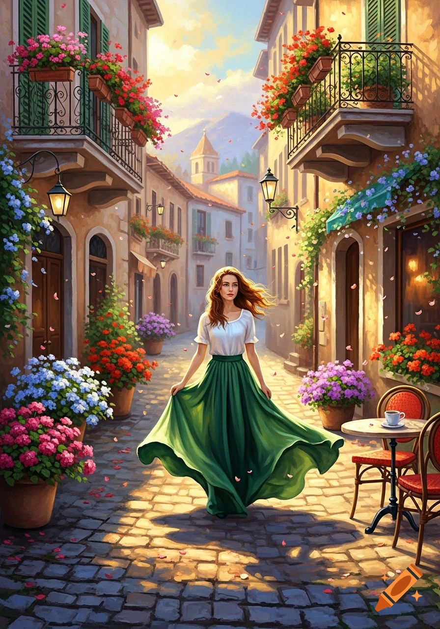 A woman in a flowing green skirt and white top walks on a cobblestone street lined with flower-filled balconies and pots, in an oil painting style.