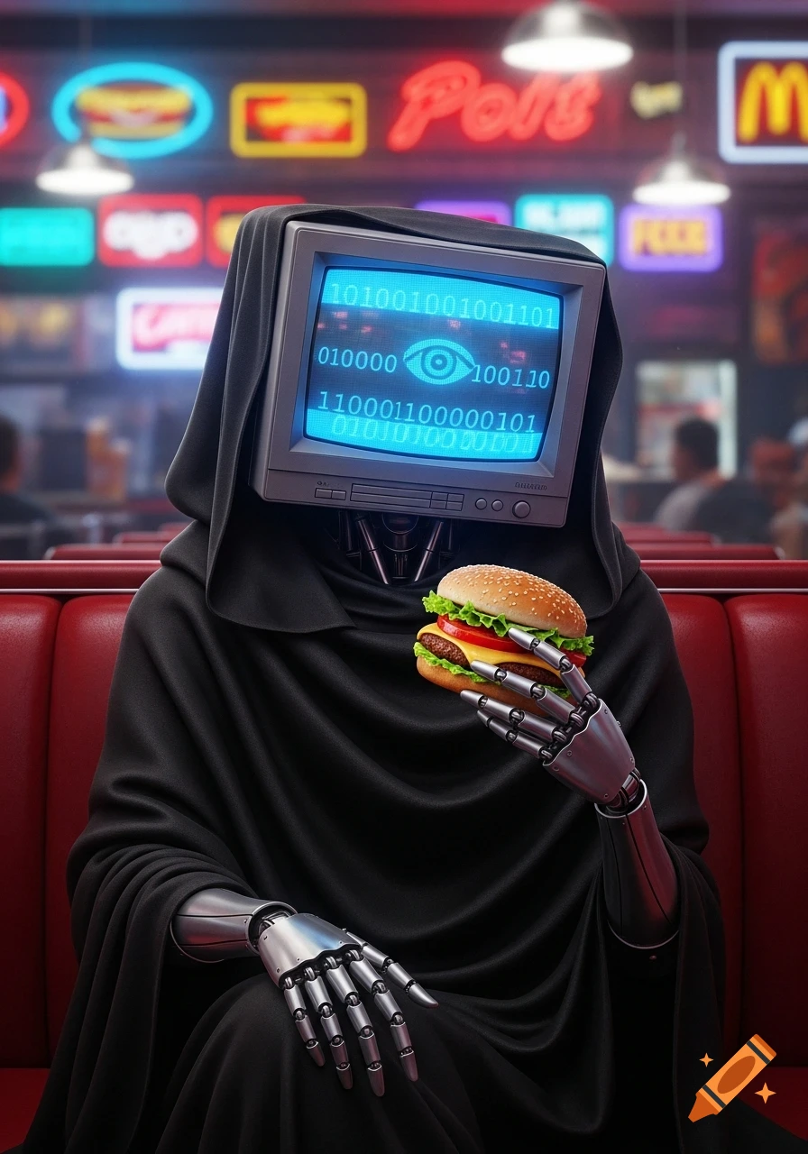 A monitor-headed cyborg in a black cloak with robotic hands eats a hamburger at a fast food diner with neon signs in the background.
