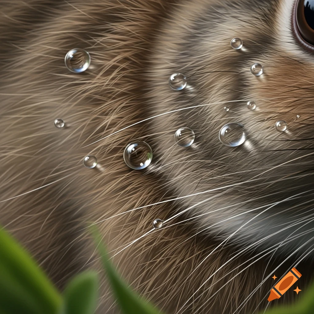 Photorealistic close-up of brown and white striped fur covered in clear water droplets.