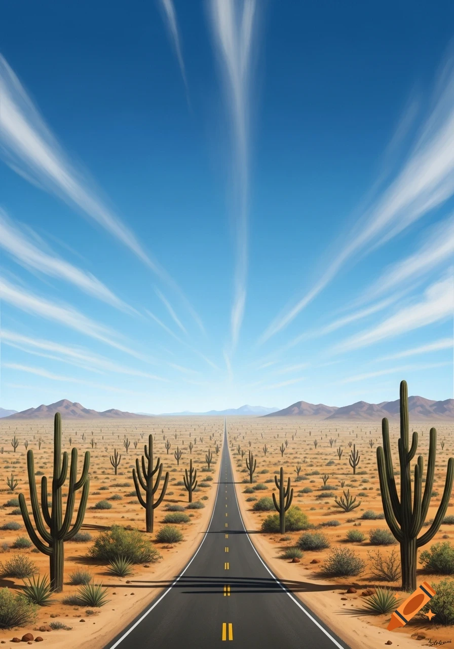 A long desert road stretches into the horizon, flanked by saguaro cacti under a blue sky with wispy clouds.
