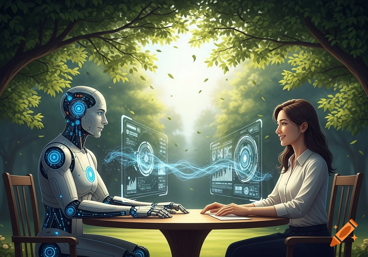 A humanoid robot and a woman sit at a wooden table in a sunny park, communicating through glowing holographic screens with data. Digital art.