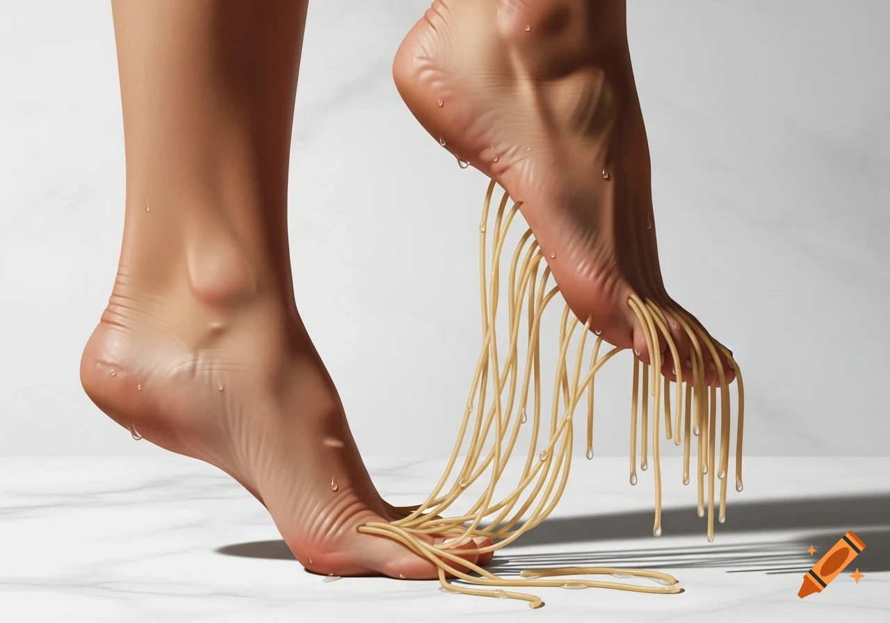 A close-up of two human feet, with wet spaghetti strands replacing the toes, dripping water onto a white marble floor.