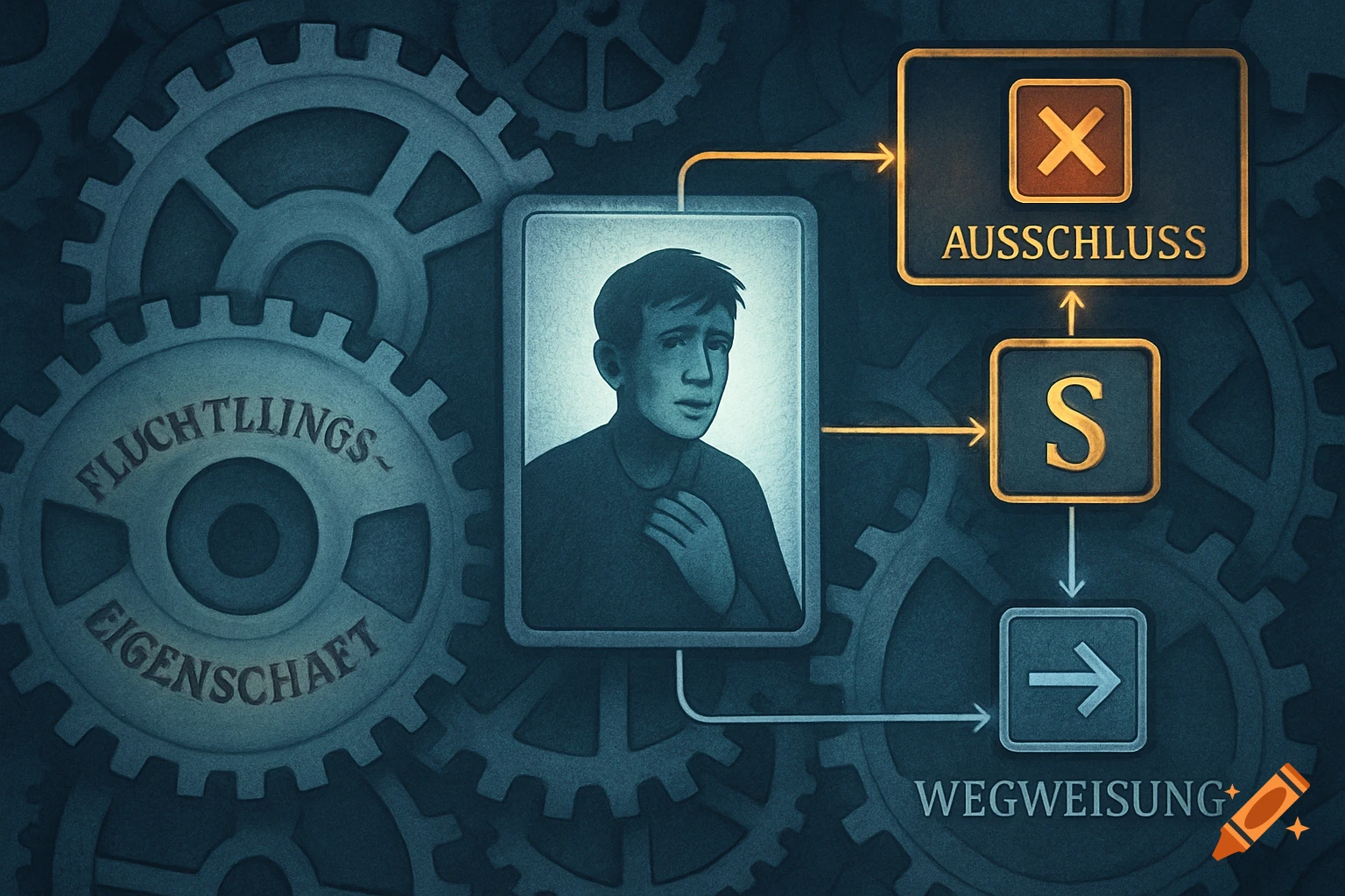 Stylized illustration of an asylum procedure flowchart with gears and a distressed man, featuring German text labels.