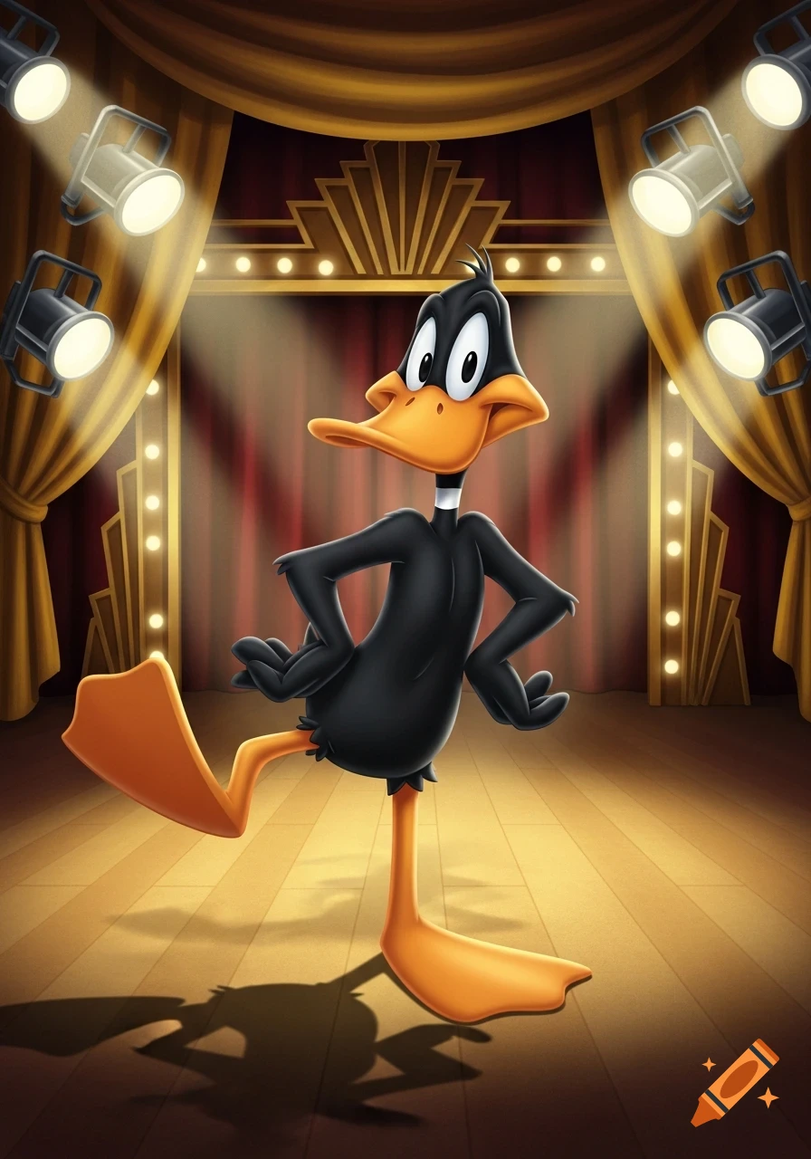 Daffy Duck poses on a spotlight-lit stage with red and gold curtains, smiling in a classic cartoon style.