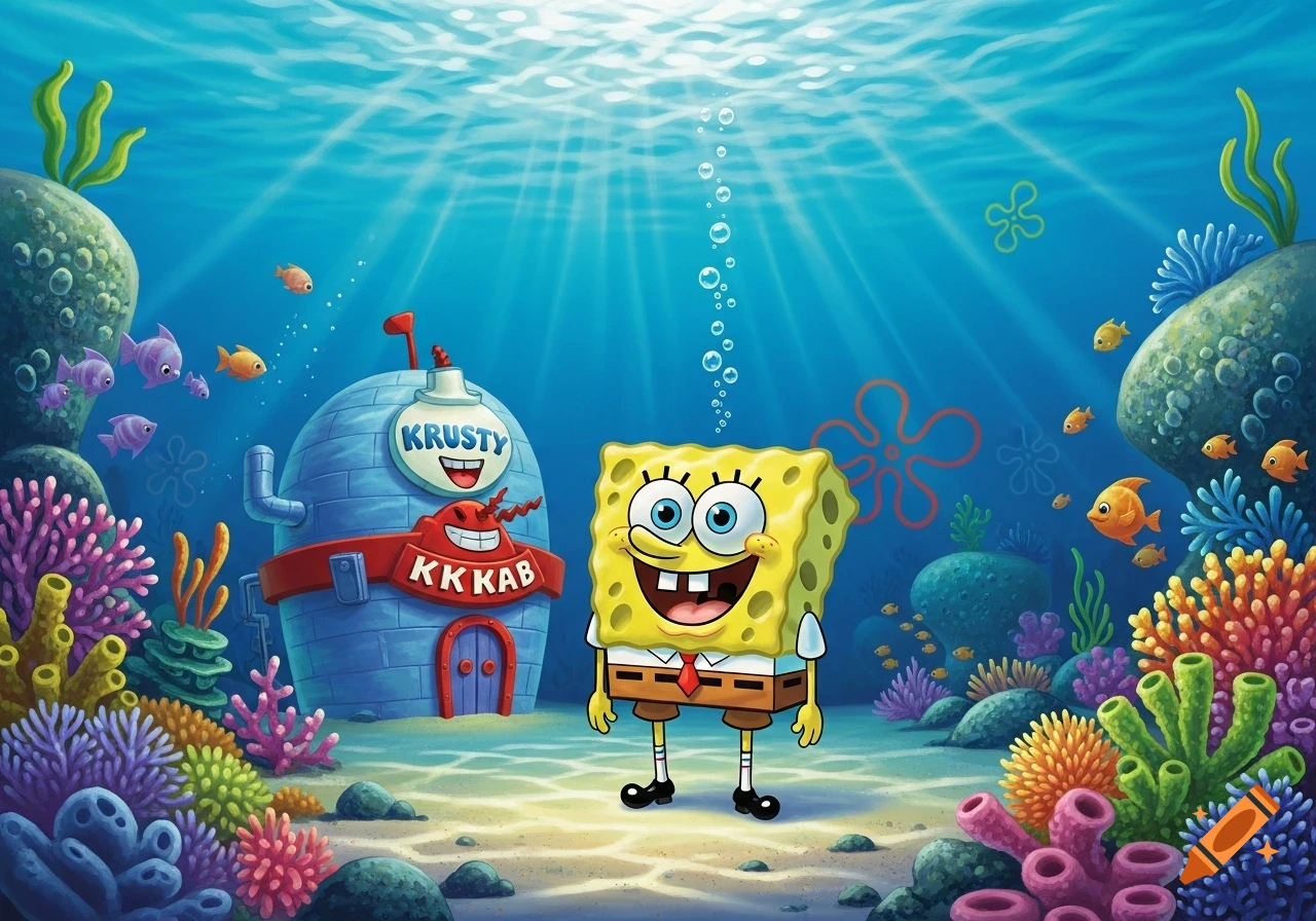 Spongebob Squarepants stands in front of the Krusty Krab underwater, surrounded by colorful coral and fish.