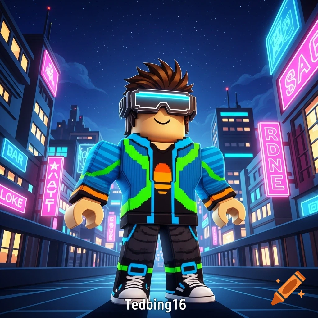 A blocky Roblox avatar wearing VR goggles and a blue and green jacket stands in a neon-lit cyberpunk city at night, under a starry sky.