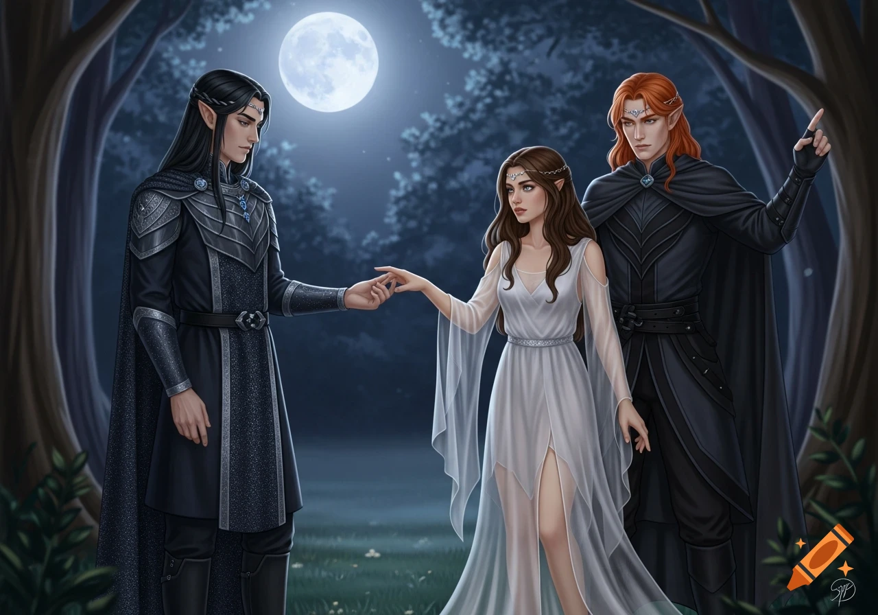 Two dark-clad elves and a human woman in a sheer white dress in a moonlit forest; one elf holds her hand, the other gestures.