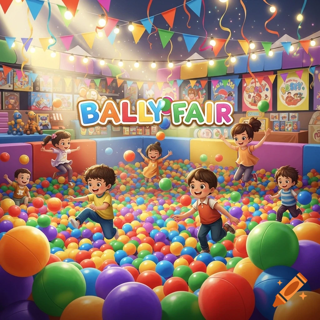 Cartoon children happily playing in a large, vibrant ball pit under colorful fair decorations and 'BALLY FAIR' sign.