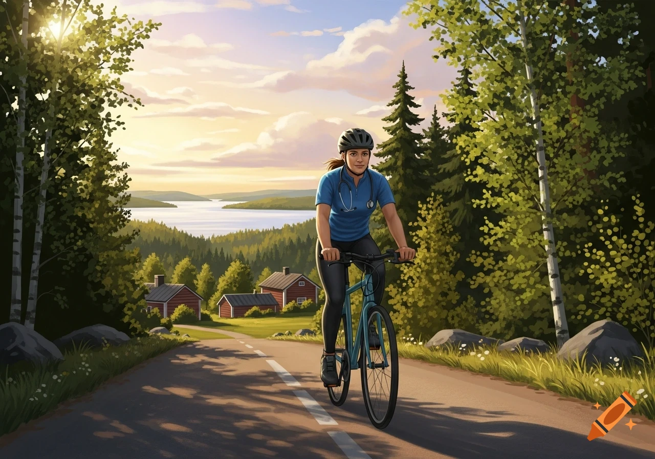 A female doctor in scrubs and a helmet bikes on a road overlooking a lake and forest with small red houses under a sunny sky.