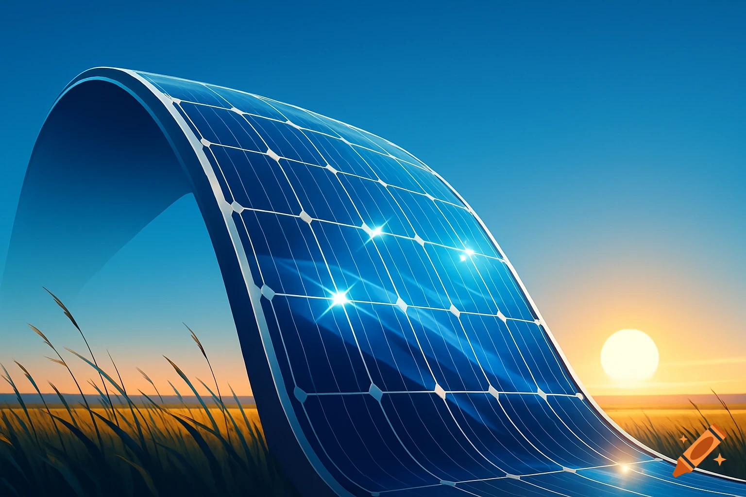 A large curved blue solar panel reflects light in a grassy field with a clear blue sky and a sunset on the horizon.