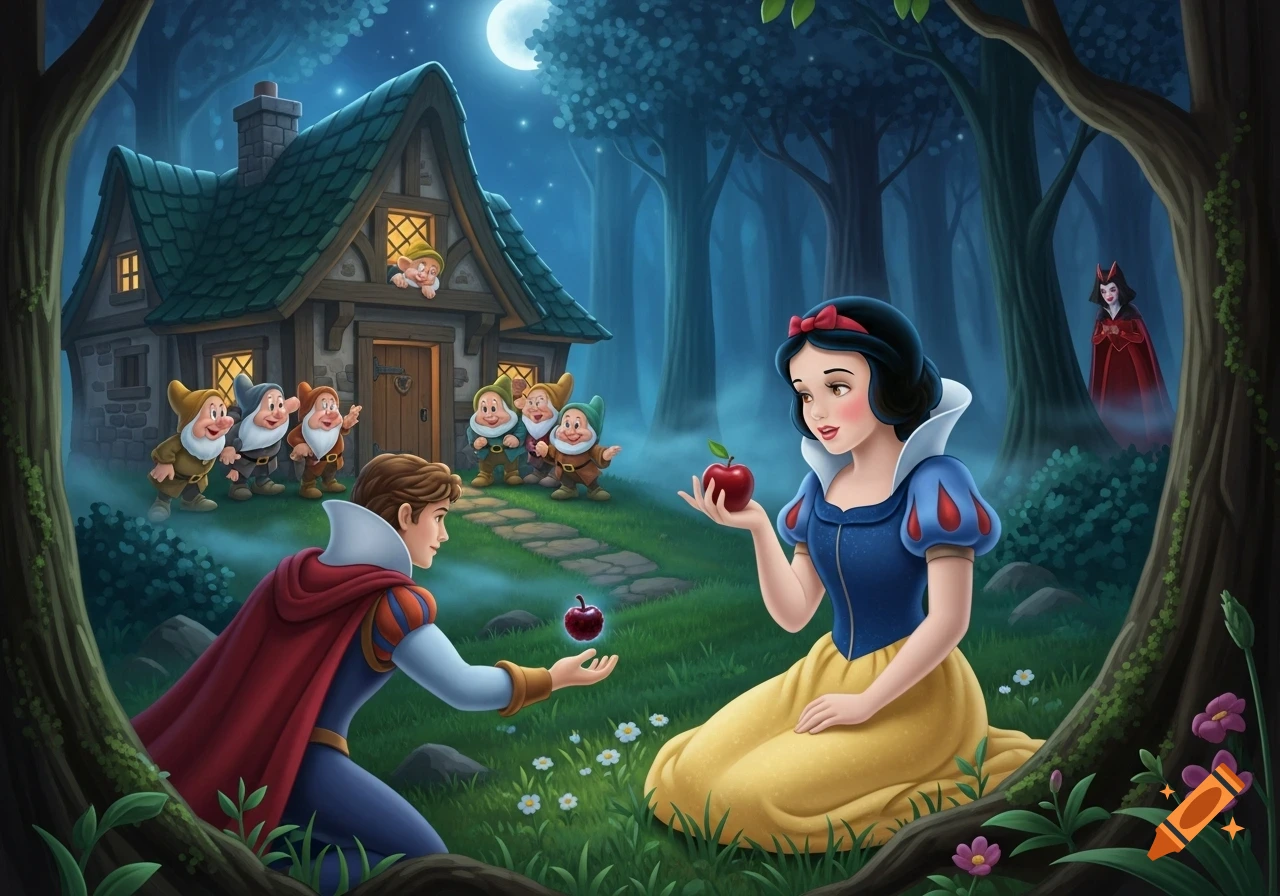 Cartoon fairytale illustration of Snow White holding a red apple, with a prince kneeling, dwarves, and the evil queen in an enchanted forest at night.