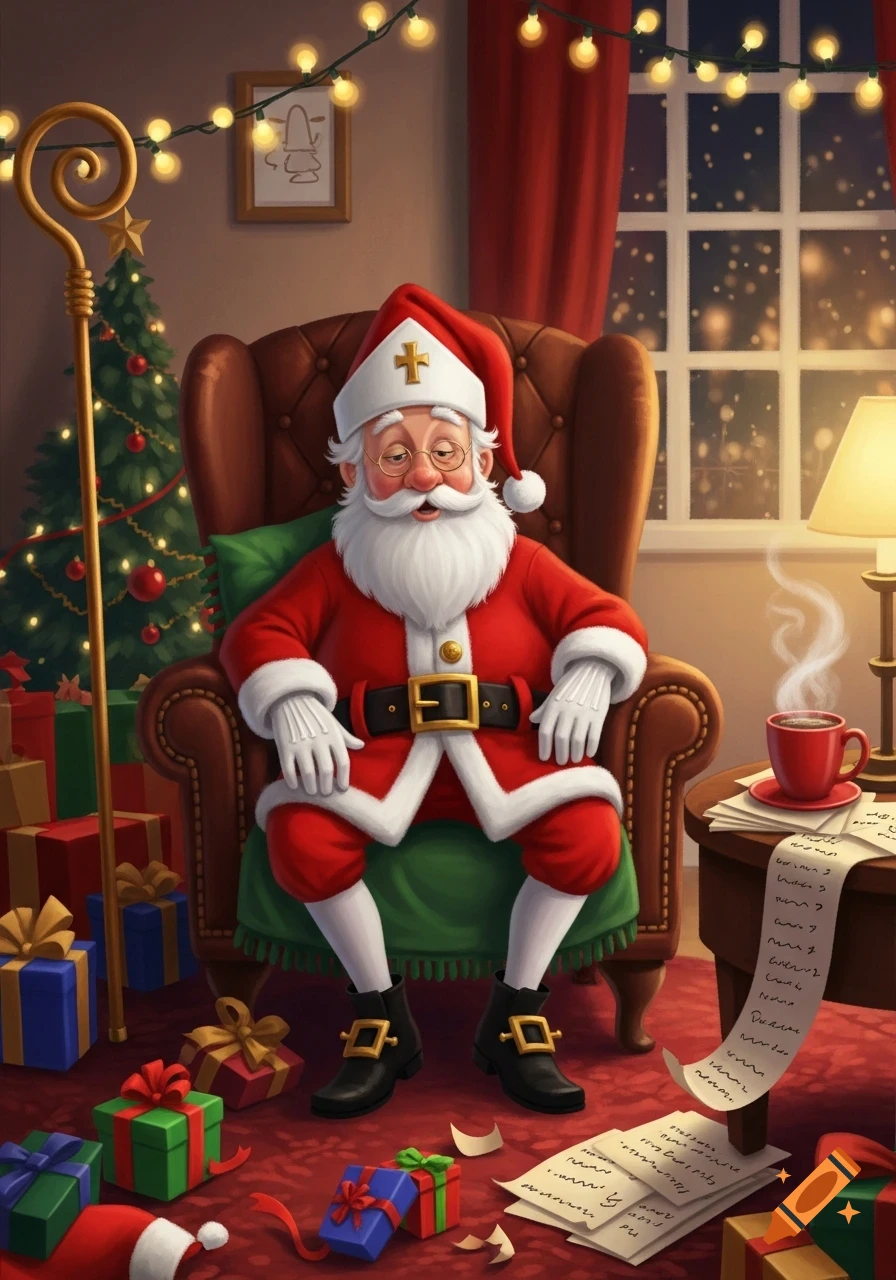 Cartoon Santa Claus, looking tired, slumped in an armchair by a Christmas tree, with gifts and illegible lists.