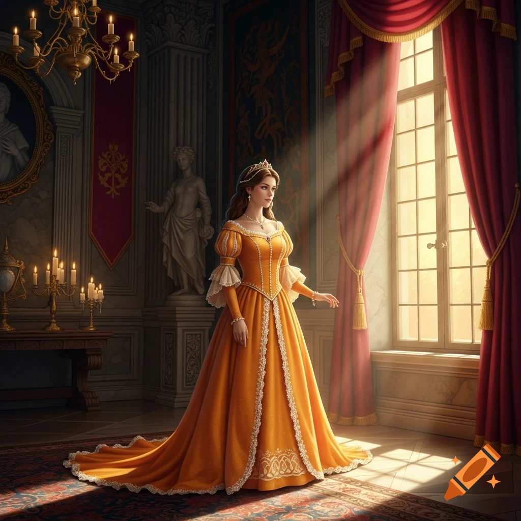 A princess in a detailed orange and white gown stands in a grand palace room with a large window, sunbeams illuminating the scene.