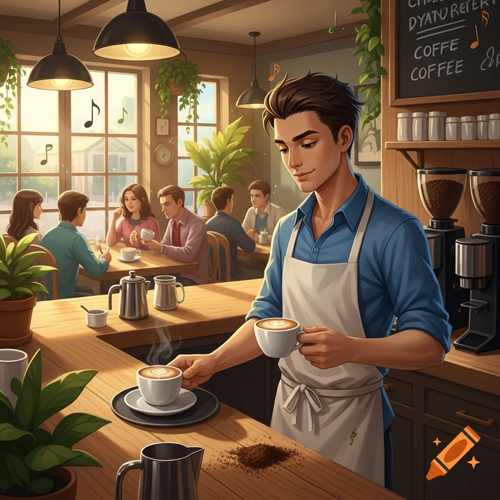 A young male barista serves coffee in a lively cafe, an anime-style illustration.