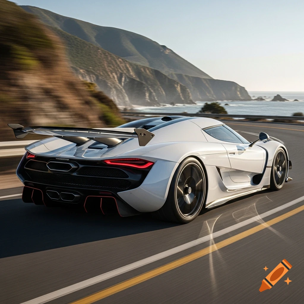 Photorealistic white super sports car speeding on a coastal highway with mountains and ocean in the background.
