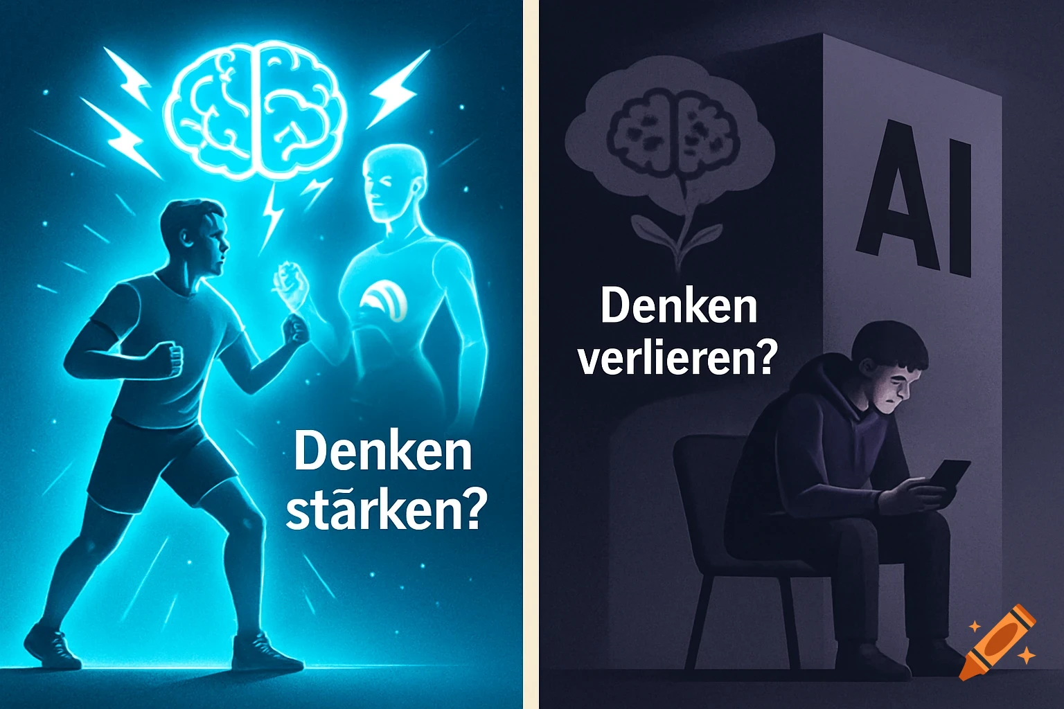 Split image: left, a man training with an AI hologram, text "Denken stärken?"; right, a man on his phone by an AI monolith, text "Denken verlieren?"