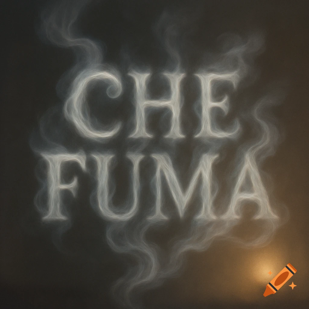 The words 'CHE FUMA' rendered in ethereal white smoke against a dark background with a soft, warm light.