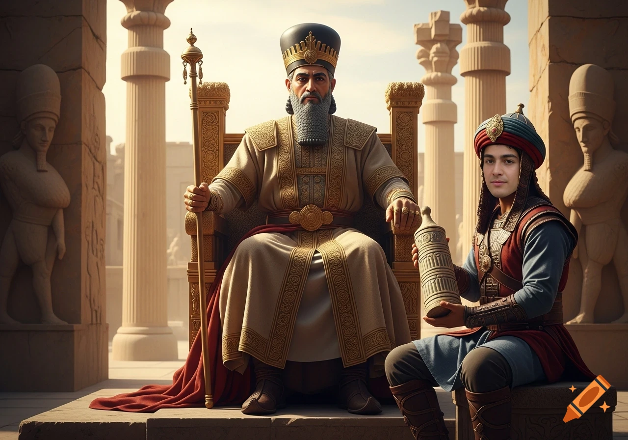 Hyperrealistic image of Cyrus the Great on a throne in a grand Achaemenid palace, as a young man presents a cylinder.