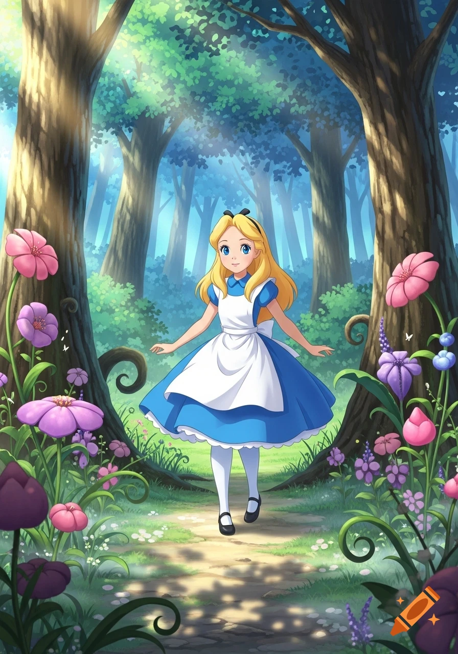 Anime-style Alice in Wonderland character in a vibrant fantasy forest surrounded by large, colorful flowers.
