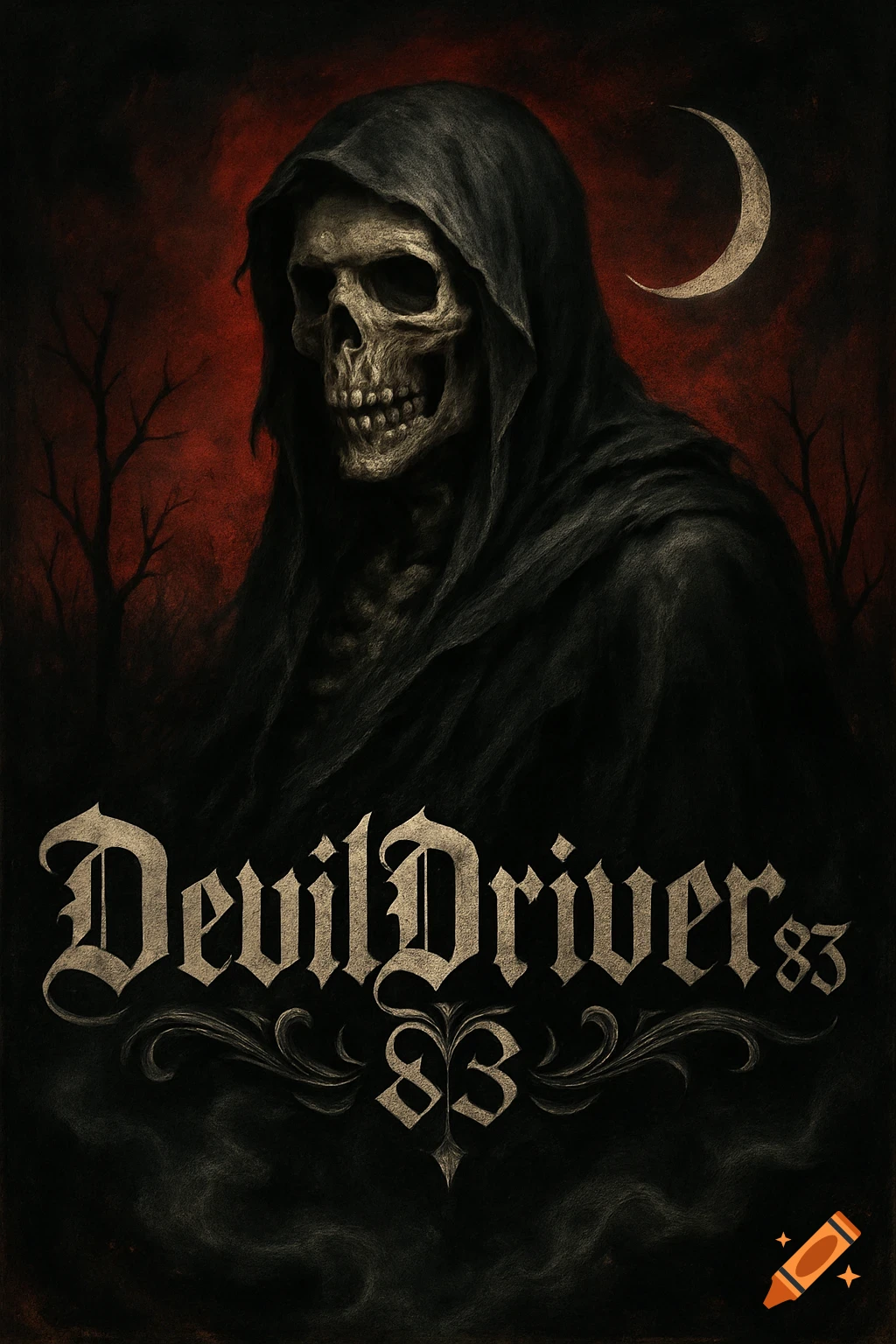 Dark, chalk-style art of a grim reaper in a black hooded cloak, with a crescent moon and bare trees against a deep red sky, with "Devildriver 83" text below.