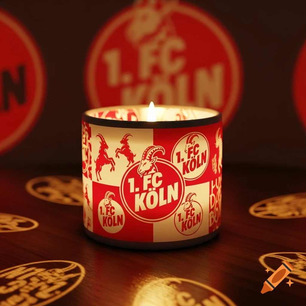 A lit candle wrapped in a red and white pattern with the 1. FC KÖLN logo and goat emblem, projecting the logo onto the dark background.