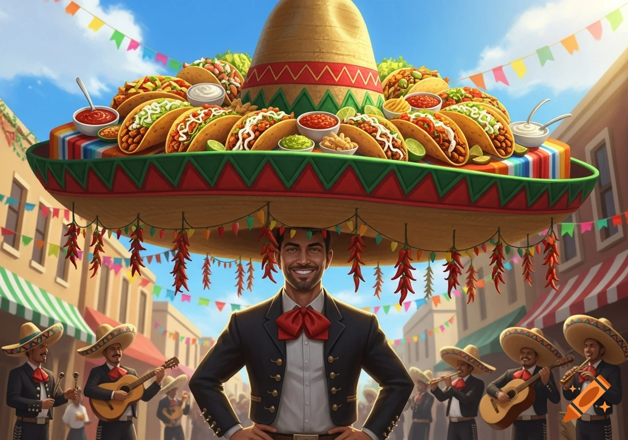 A smiling man in a black mariachi suit stands under a gigantic sombrero piled high with tacos and sauces, surrounded by musicians in a festive street.