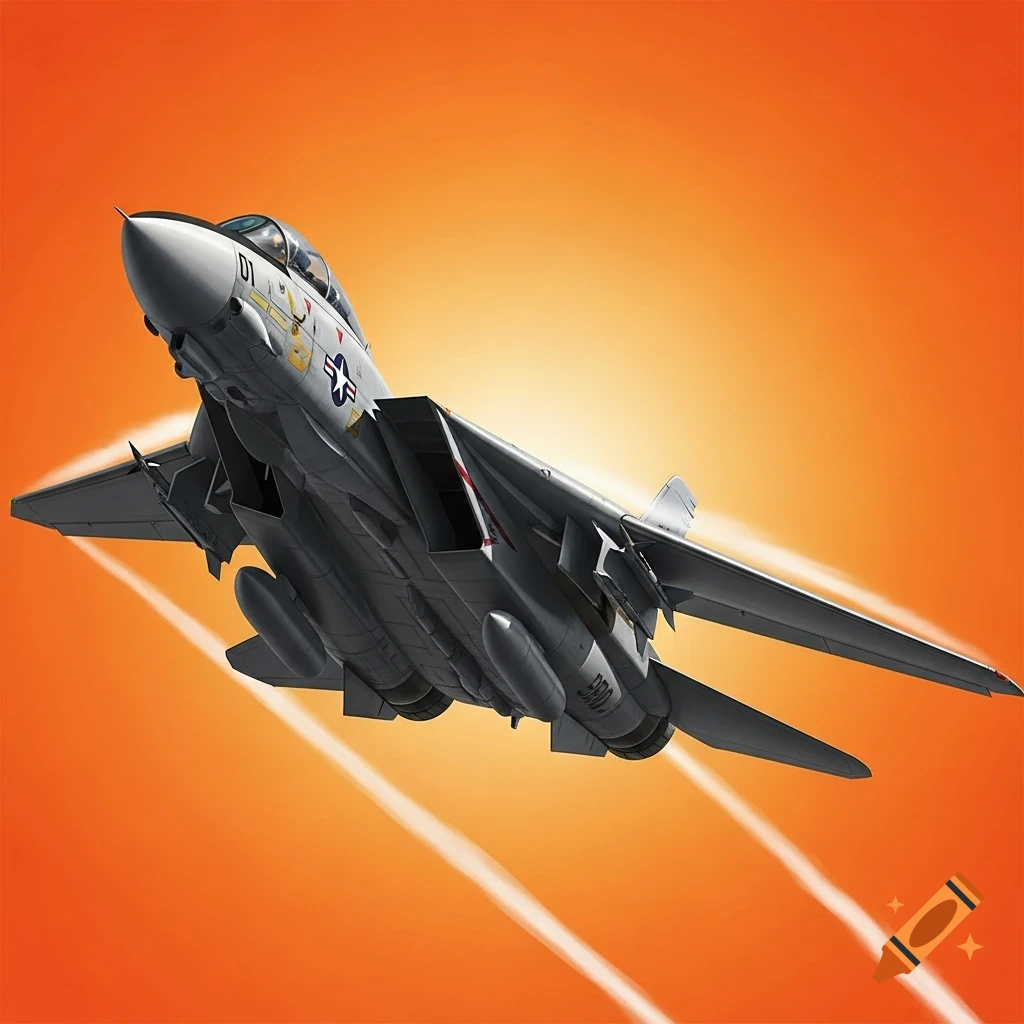 An F-14 Tomcat fighter jet in flight, seen from below, against a bright orange sky with white contrails.