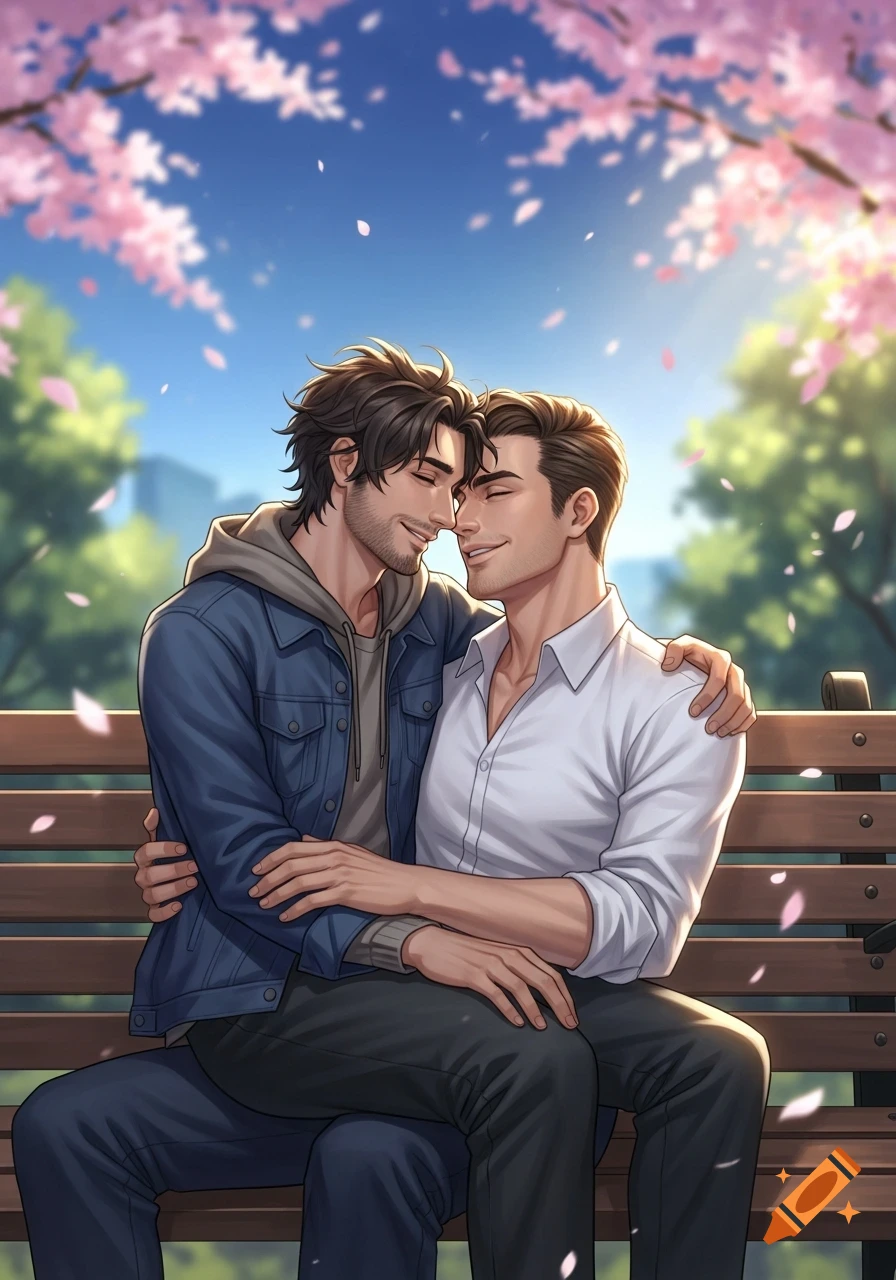Two men embracing on a park bench under pink cherry blossoms in an anime style.