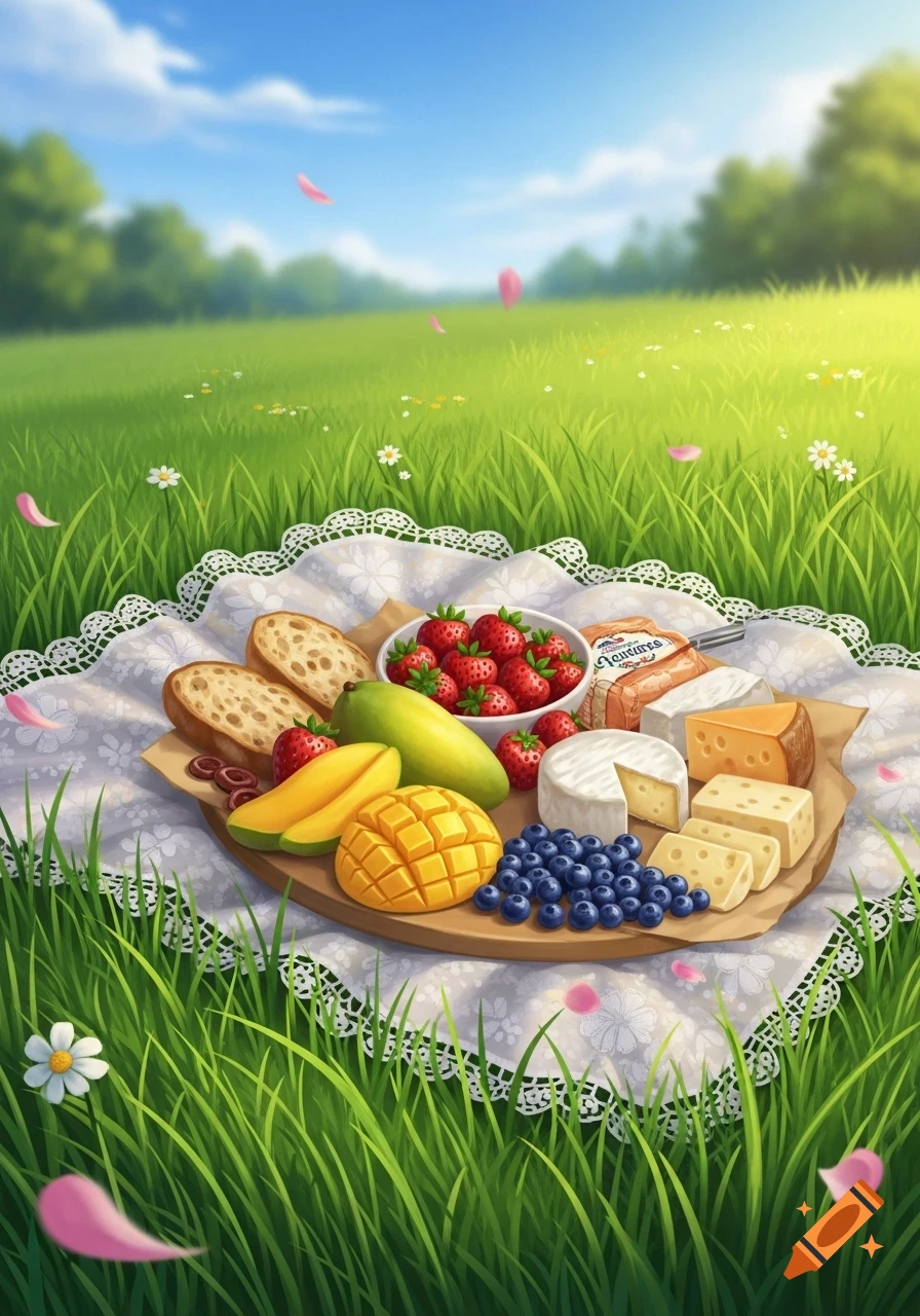 A vibrant illustration of a picnic spread on a white lace blanket in a sunny green field, featuring cheeses, bread, strawberries, blueberries, and mangoes.