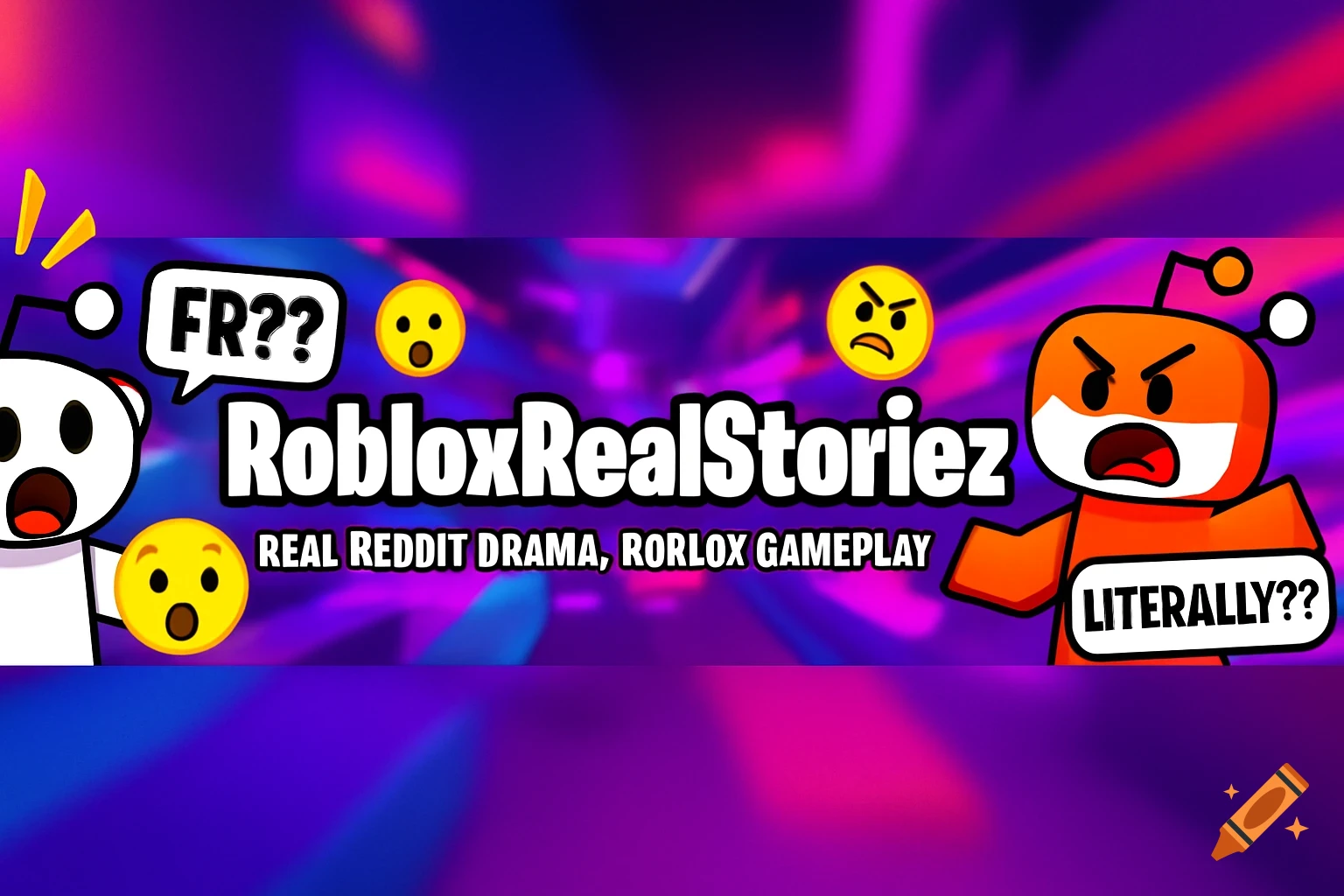 A dramatic YouTube banner for 'RobloxRealStoriez' featuring white and orange Reddit Snoo characters with shocked and angry expressions, surrounded by emojis and text bubbles like 'FR??' and 'LITERALLY??', all against a vibrant purple and pink gradient background. The subtitle reads 'REAL REDDIT DRAMA, RORLOX GAMEPLAY'.