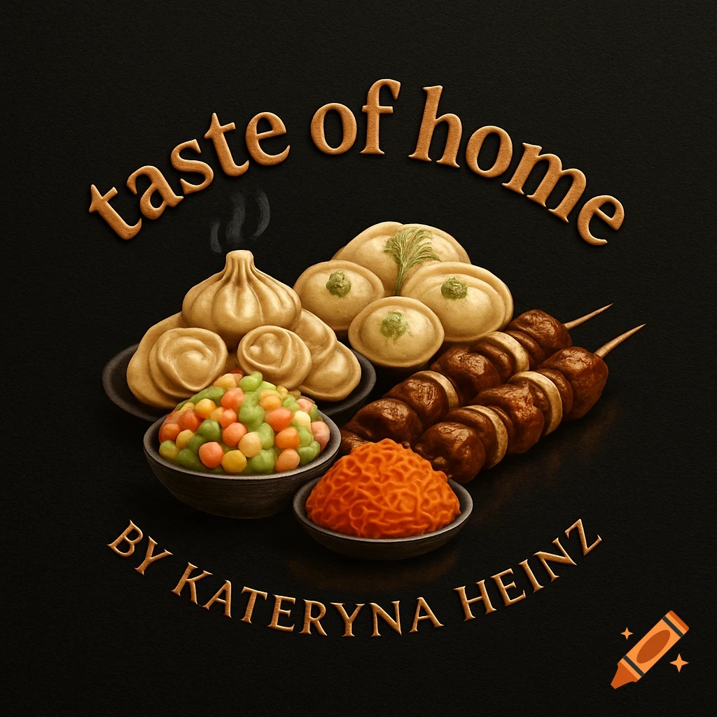 Stylized logo featuring various Russian dishes like dumplings, skewers, and salads on a dark background, with the text 'taste of home' and 'BY KATERYNA HEINZ'.