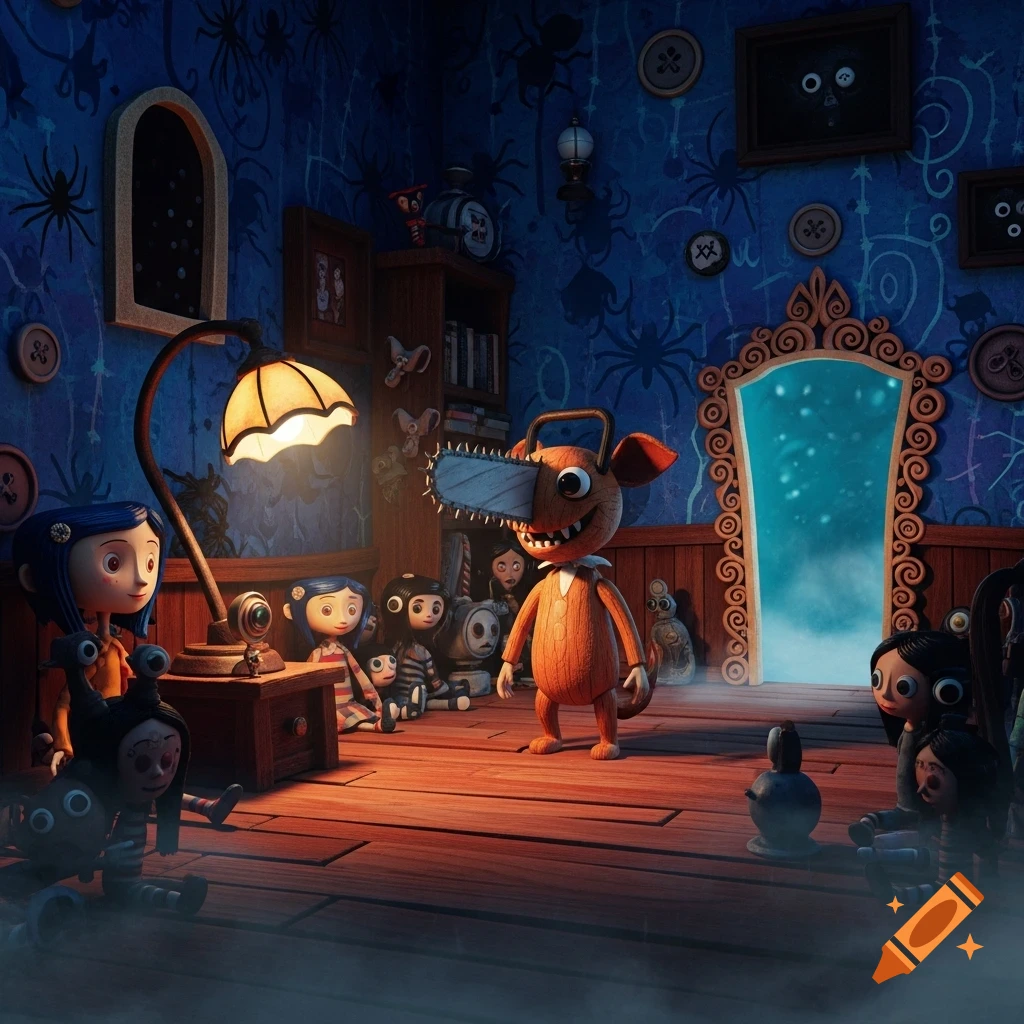 A stop-motion style image showing Coraline, various dolls, and a Pochita-like creature with a chainsaw head in a dark, spiderweb-patterned room.