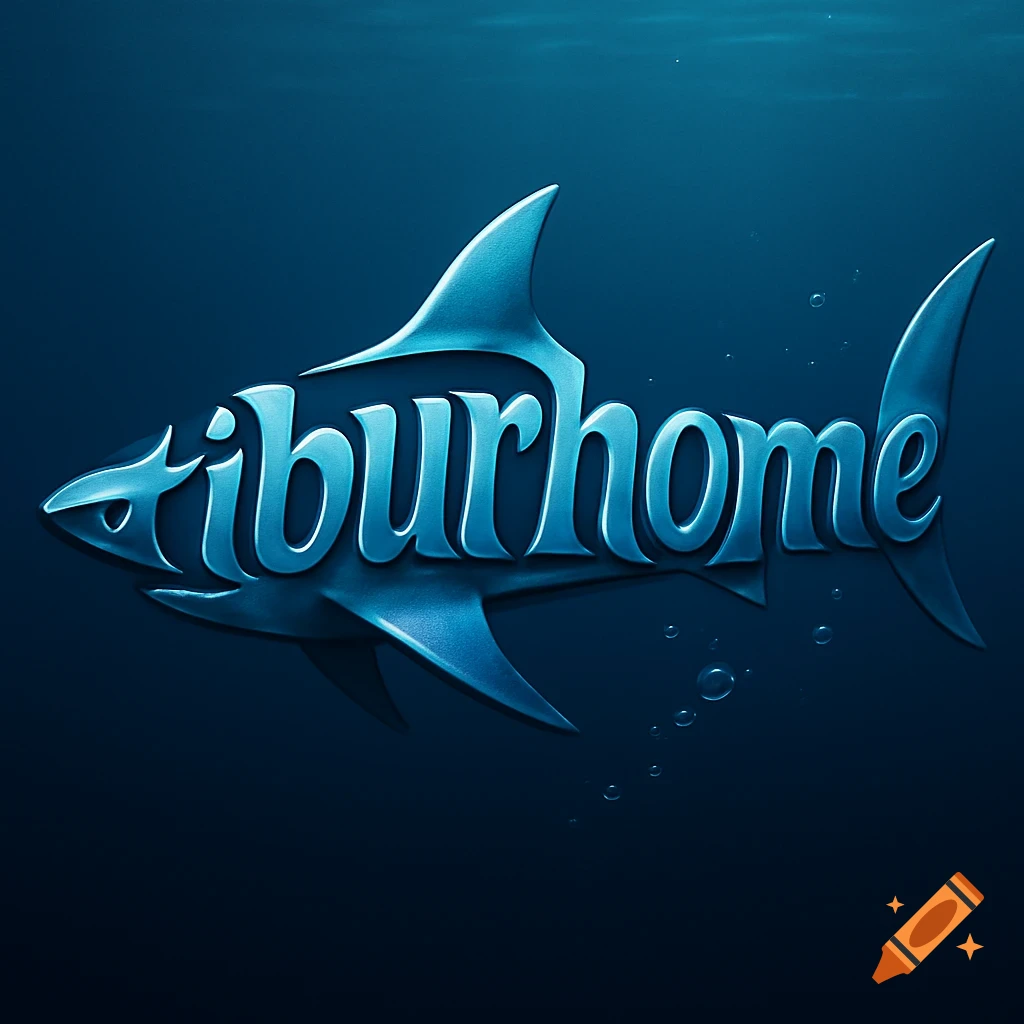 The word "tiburhome" designed to look like a metallic blue shark swimming underwater.