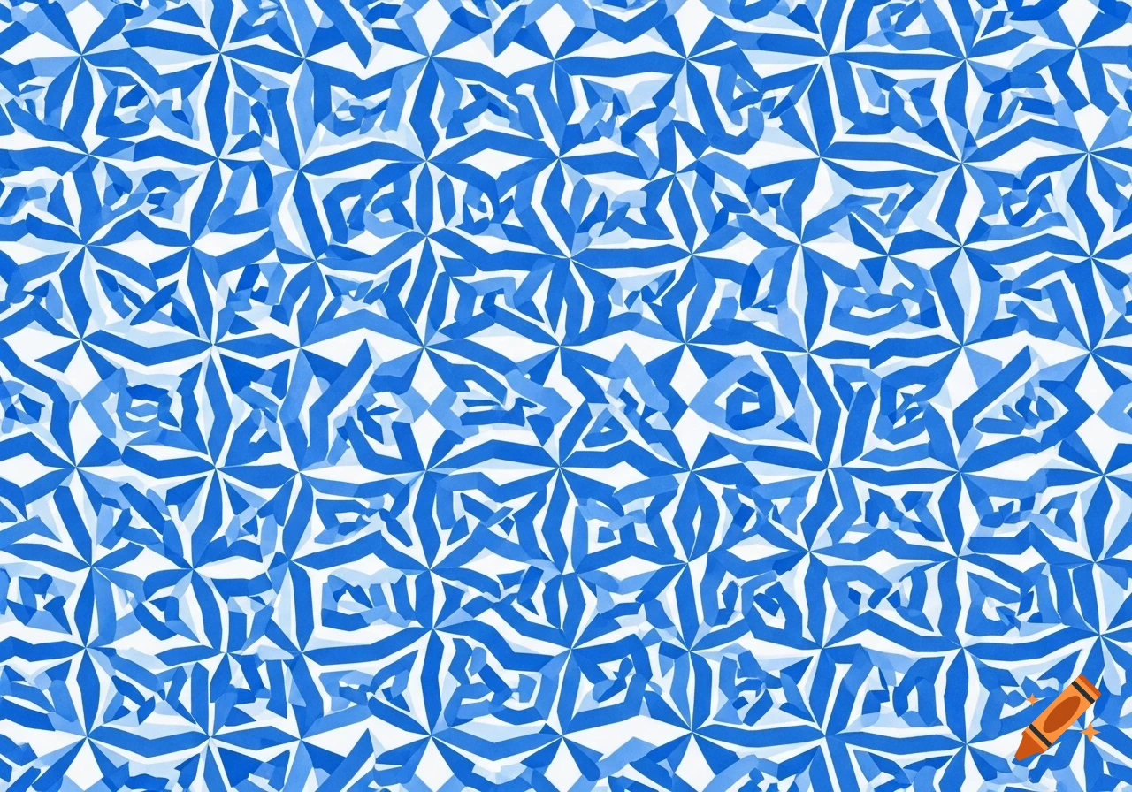 A seamless abstract pattern of interlocking blue geometric shapes against a white background.