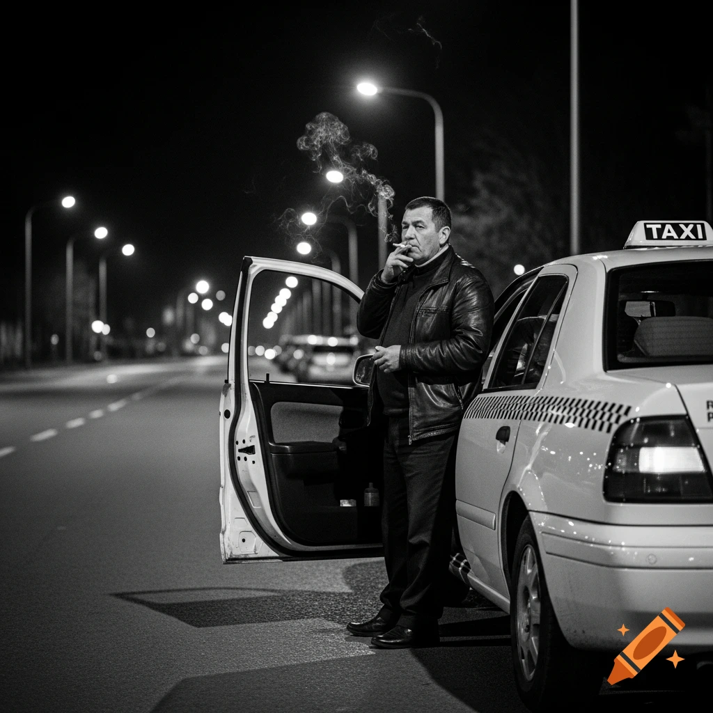 Black and white photorealistic street photography of a taxi driver smoking beside his open taxi on a dark urban street at night.