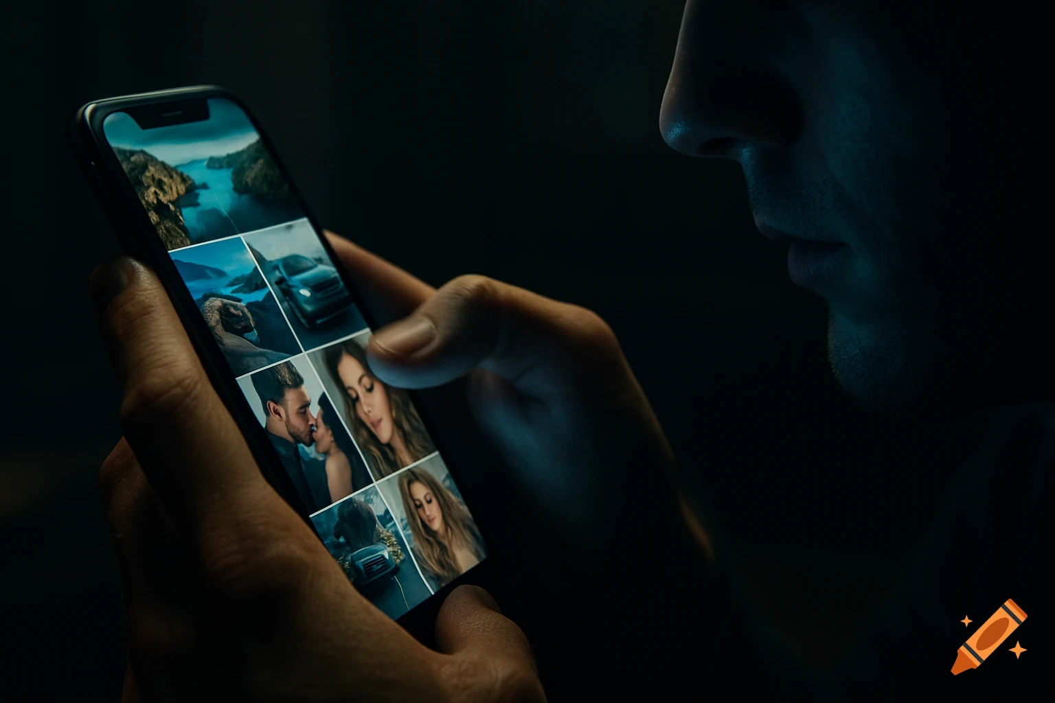 Close-up of a person scrolling through an Instagram-like feed on a smartphone in a dimly lit room, with blue light illuminating their face.