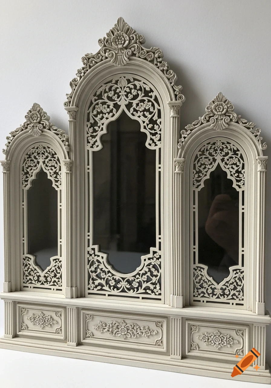 An ornate white Victorian-style dollhouse window set with three arched windows and intricate floral carvings.