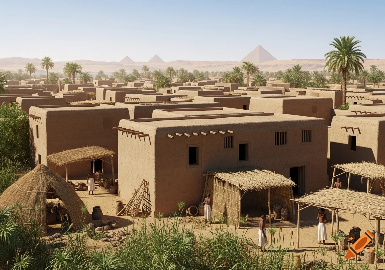 An ancient Egyptian village with many mud-brick houses, palm trees, and people, with pyramids in the desert background.