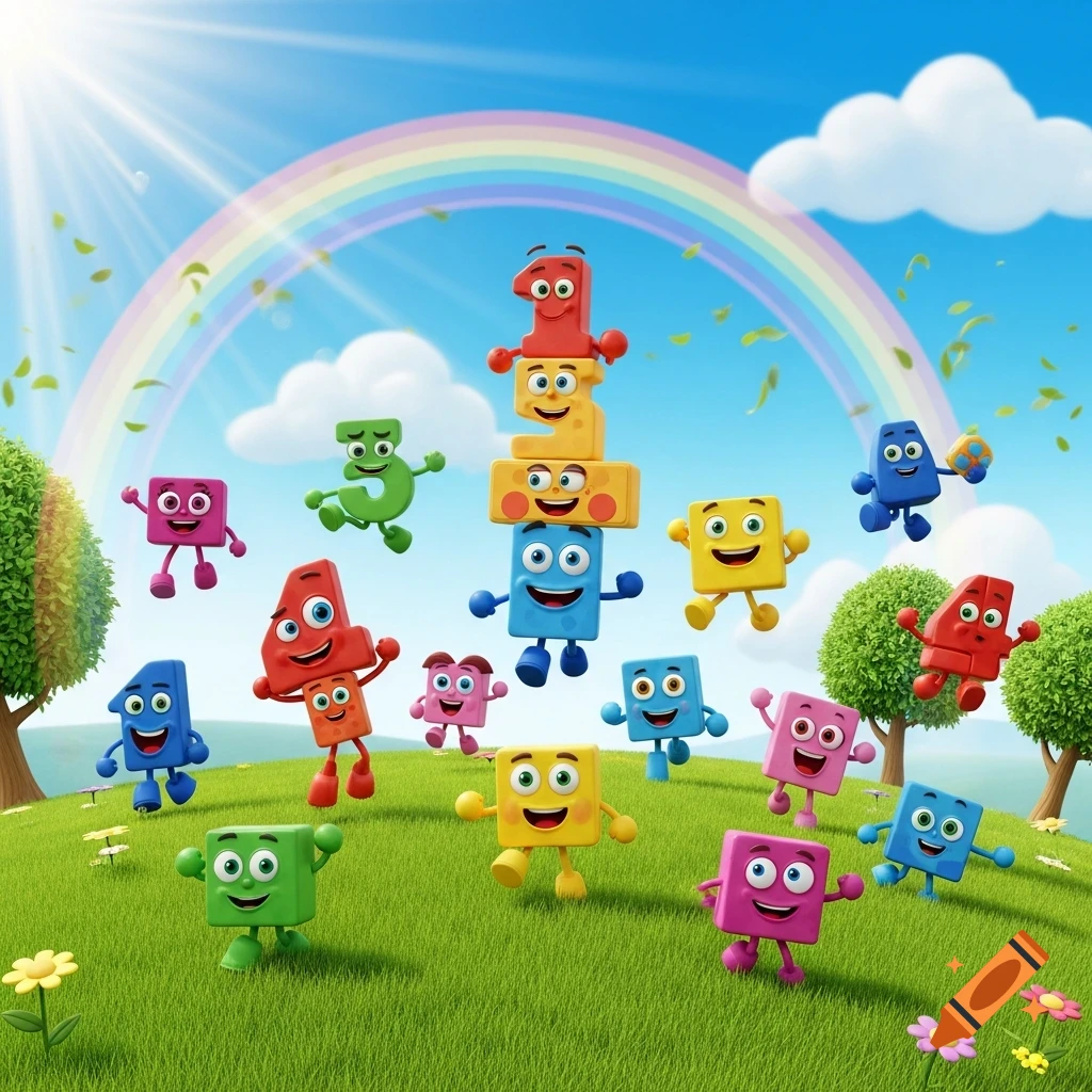 Colorful cartoon number characters like 1, 3, and 4 play on a green hill under a rainbow, in the style of Numberblocks.