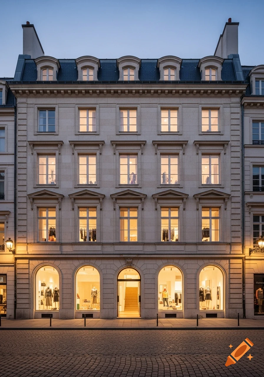 Photorealistic front-view of a four-story European classical stone building at dusk, with illuminated storefront windows and a cobblestone street.
