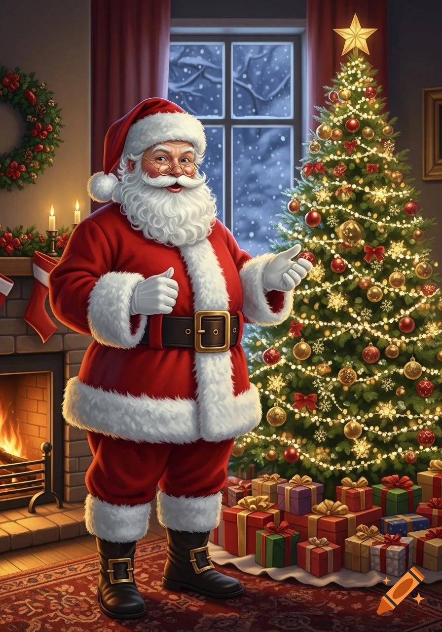 Santa Claus in his red suit stands beside a brightly lit Christmas tree and presents in a festive room with a fireplace and snowy window.