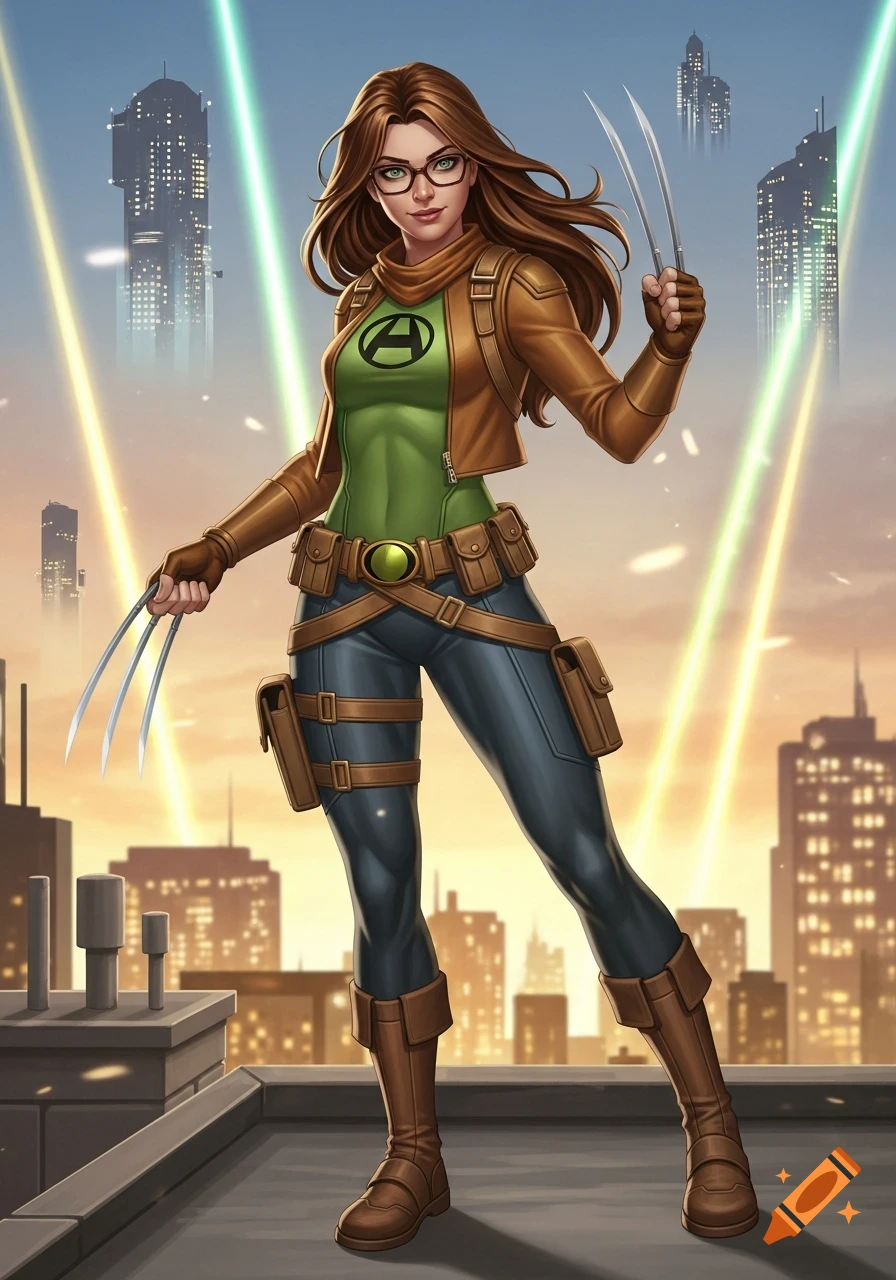 A female comic hero with long brown hair and glasses, wearing a green shirt with an 'A', a brown jacket, blue pants, and holding claws, standing on a city rooftop.