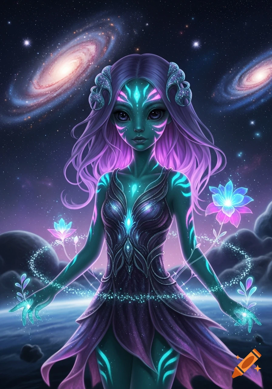 A vibrant alien girl with glowing teal patterns and purple hair, wearing a dark ornate dress, holds sparkling energy against a starry galaxy background.