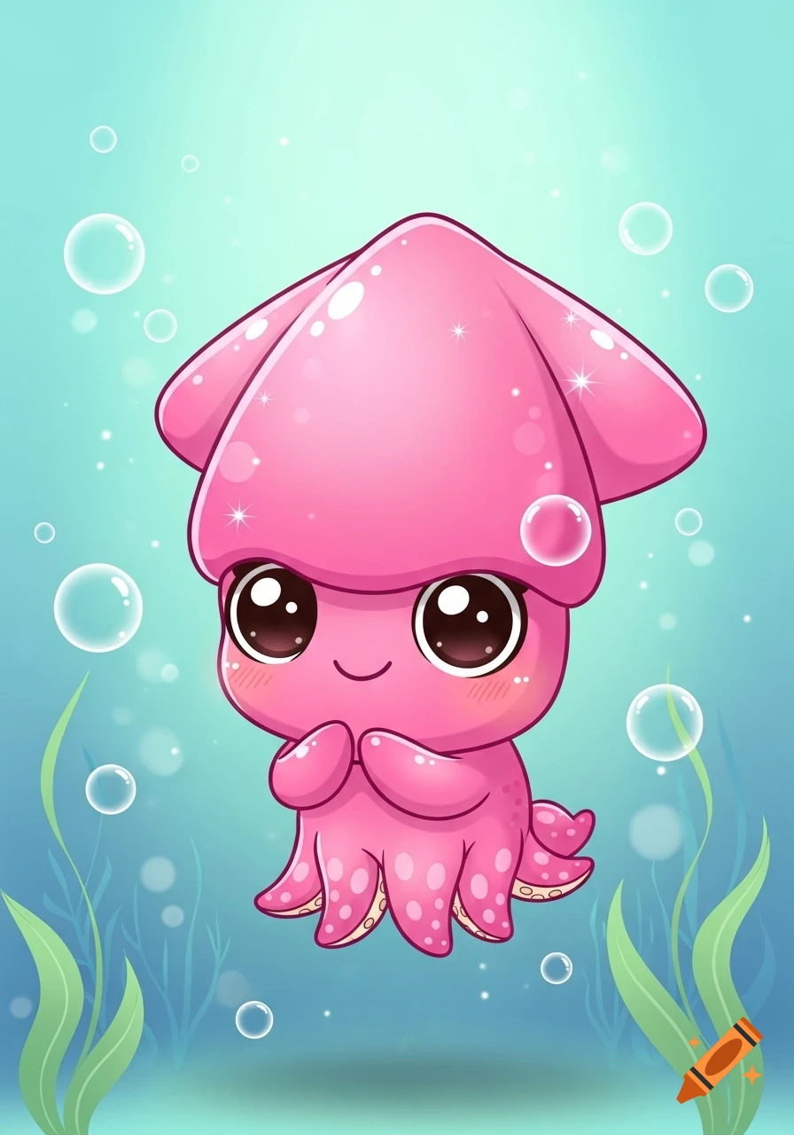 A cute pink chibi squid with large dark eyes and a happy smile floats in clear blue water with bubbles and green seaweed.