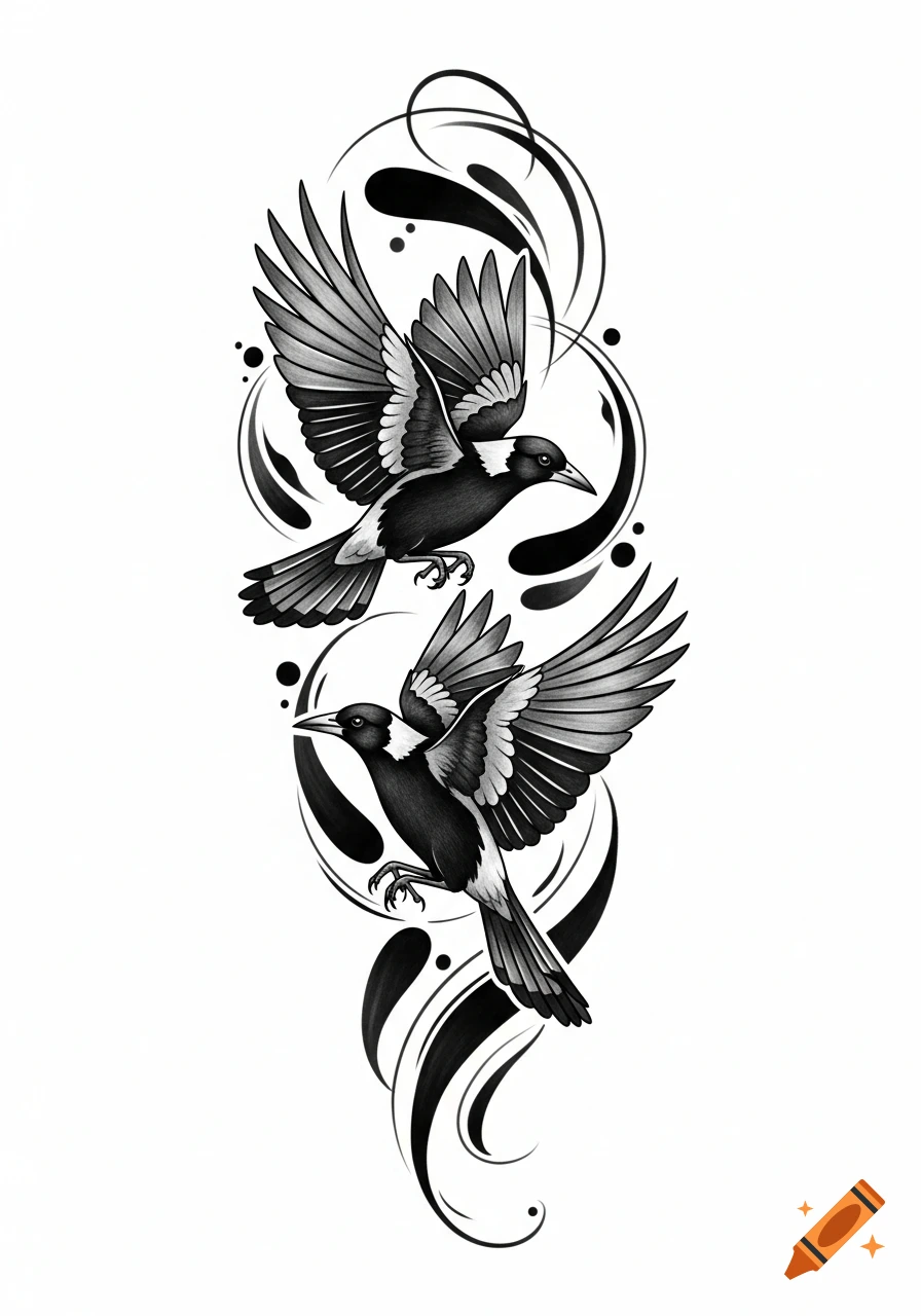 Two stylized black and white flying magpies with abstract, flowing shapes, resembling a modern tattoo design.